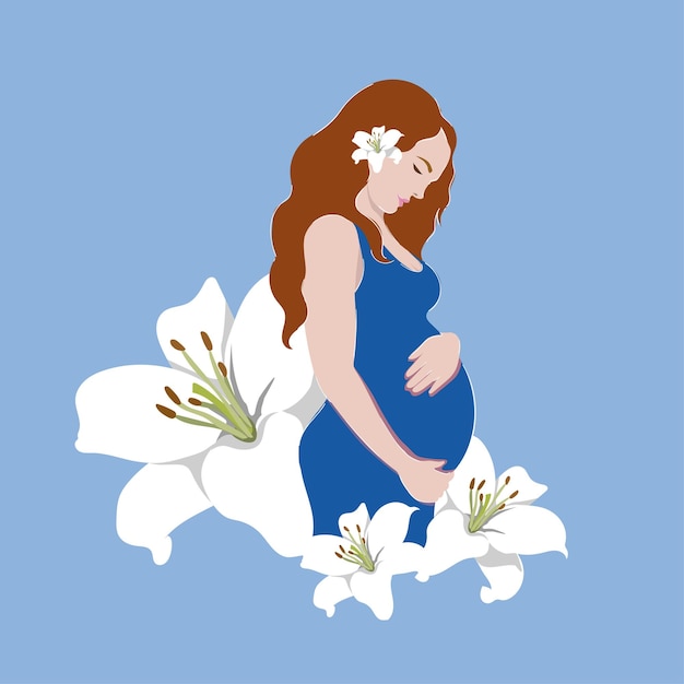 Pregnant beautiful woman in a blue dress hugs her pregnant belly against the blue background