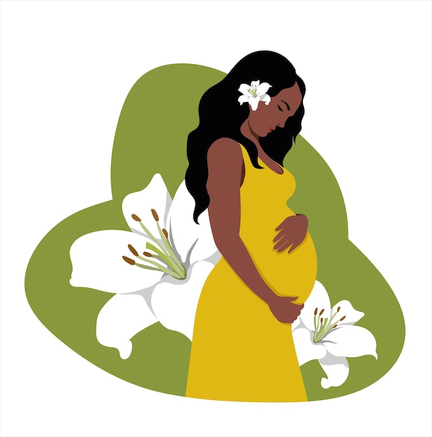 A pregnant beautiful woman with dark skin in a yellow dress hugs her pregnant belly on a green backg