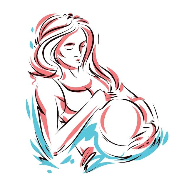 Pregnant female body shape hand drawn vector illustration, beautiful lady gently touching her belly. Love and tenderness concept.