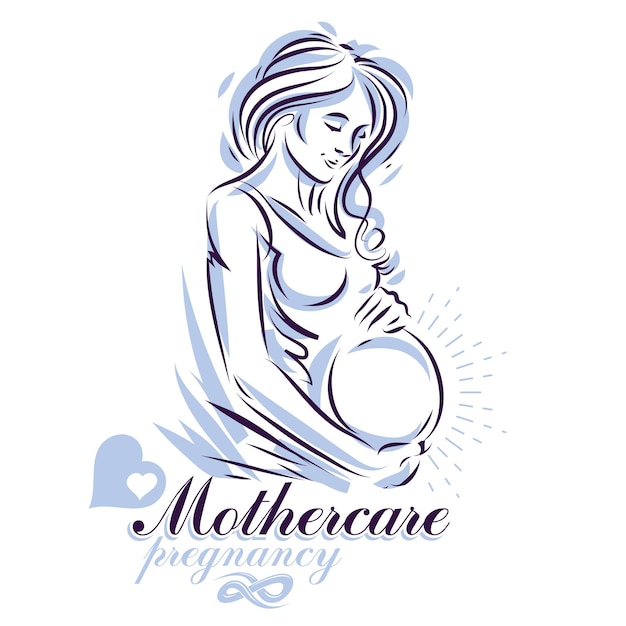 Pregnant female body shape hand drawn vector illustration, beautiful lady gently touching her belly. Mother Day conceptual flyer