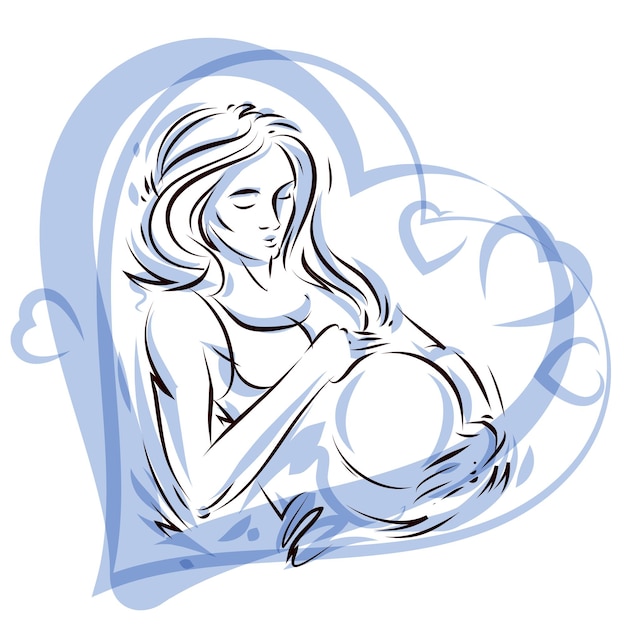 Pregnant female surrounded by heart shape frame hand drawn vector illustration, beautiful lady gently touching her belly. Love and tenderness concept.