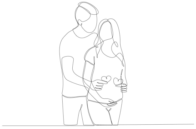 Pregnant girl and her husband. Couple family one continuous line drawing. Simple design