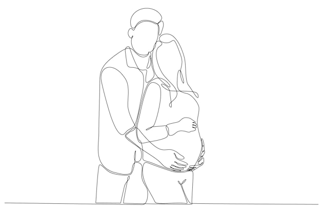 Pregnant girl and her husband. Couple family one continuous line drawing. Simple design