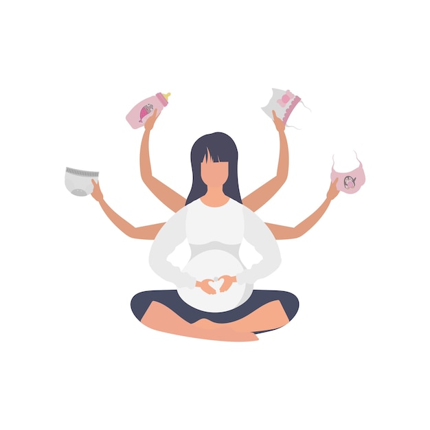 Pregnant girl in the lotus position Active well built pregnant female character Isolated Flat vector illustration