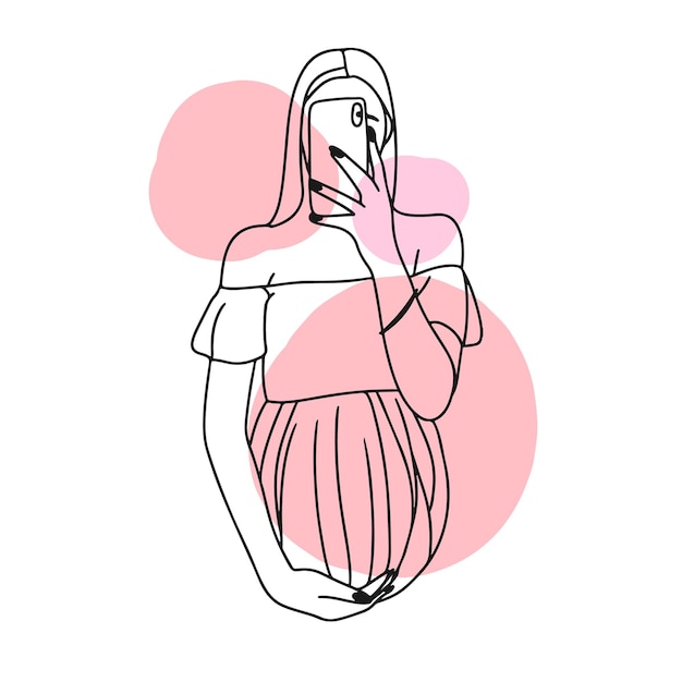 A pregnant girl takes a selfie in the mirror on the phone in a dress round and big belly pregnancy doodle