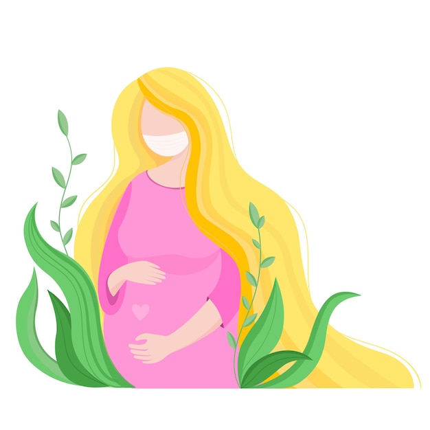 Pregnant happy woman with a baby in her belly greenery around cartoon character