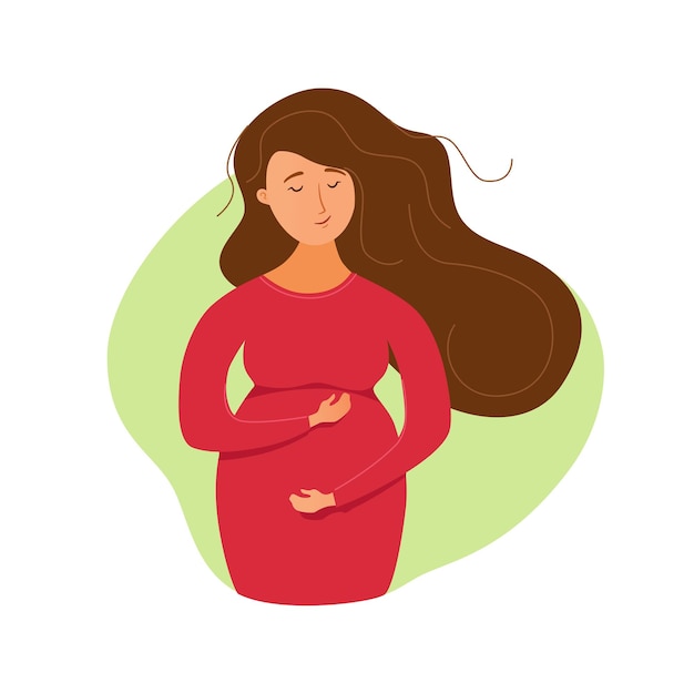 Pregnant happy young girl colorful cartoon. Beautiful expectant mother caressing her belly.