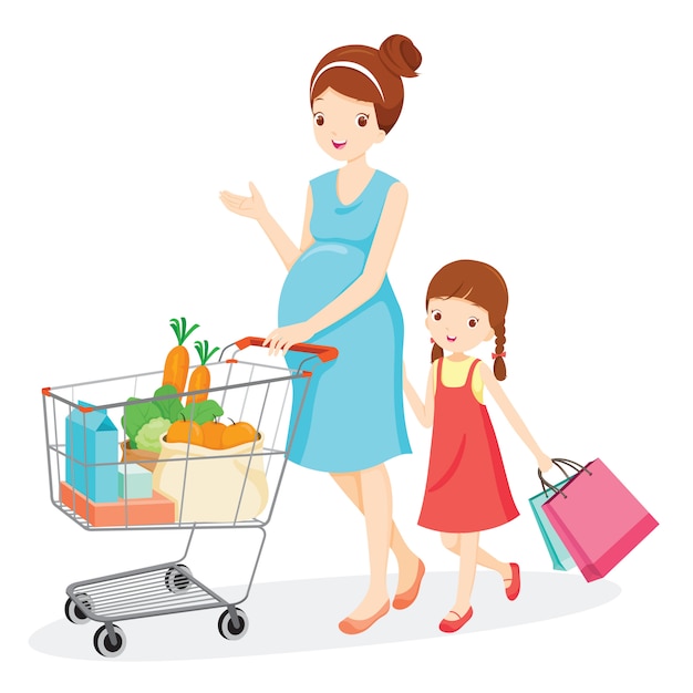 Pregnant Mom Pushing Shopping Cart, Daughter With Shopping Bags, Family Shopping Together