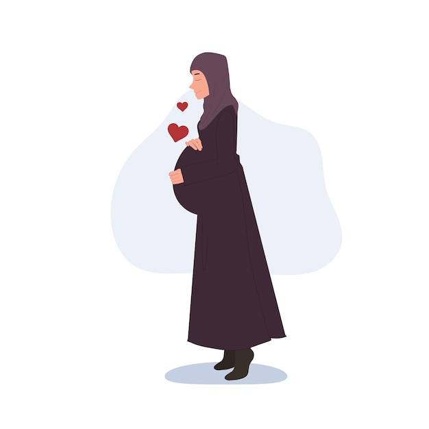 Pregnant Muslim woman in abaya and hijab Future Muslim Mother Care Positive Emotion Vector illustration