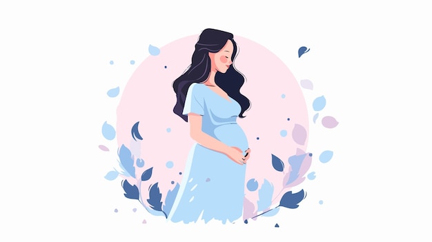 a pregnant woman in a blue dress with leaves and flowers