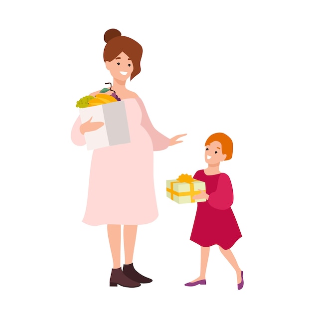 Pregnant woman carrying shopping bag with fruits and little girl with gift box. Mother and daughter holding their purchases