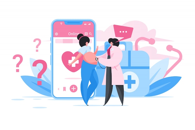 Pregnant woman consulting with doctor online. Flat cartoon people illustration