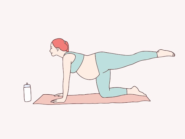 Pregnant woman doing yoga on mat simple korean style illustration