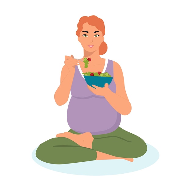 Pregnant woman eating healthy salad food, maternality. pregnancy concept vector illustration