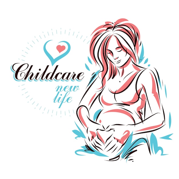 Pregnant woman elegant body silhouette, sketchy vector illustration. Prenatal center and motherhood preparing clinic promotion flyer