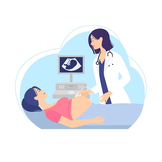 Pregnant woman getting an ultrasound. Vector illustration of a pregnant doing ultrasonography.