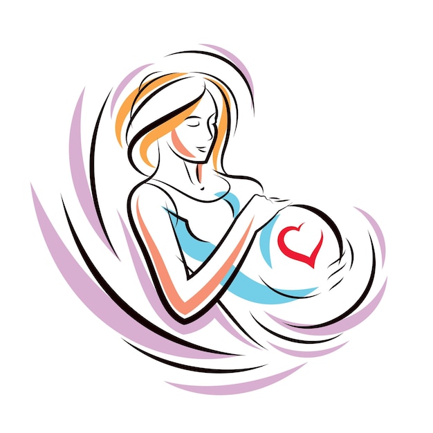 Pregnant woman graceful body outline surrounded by heart shape frame. Vector illustration of mother-to-be fondles her belly. Happiness and caress concept.