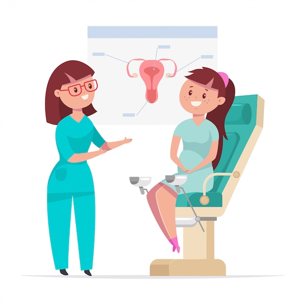 Pregnant woman on a gynecological consultation with a gynecologist.   cartoon flat illustration of doctor and patient isolated on white background.