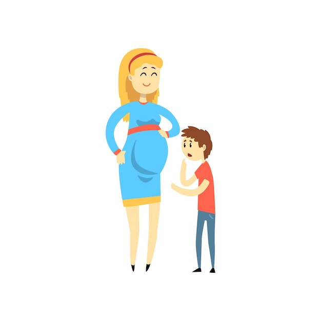 Pregnant woman and her son happy family concept cartoon vector Illustration isolated on a white background