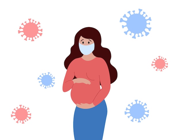 Pregnant woman in medical facial mask and covid virus. Healthy safety pregnancy during pandemic concept. Young mother is afraid of coronavirus. Vector flat illustration