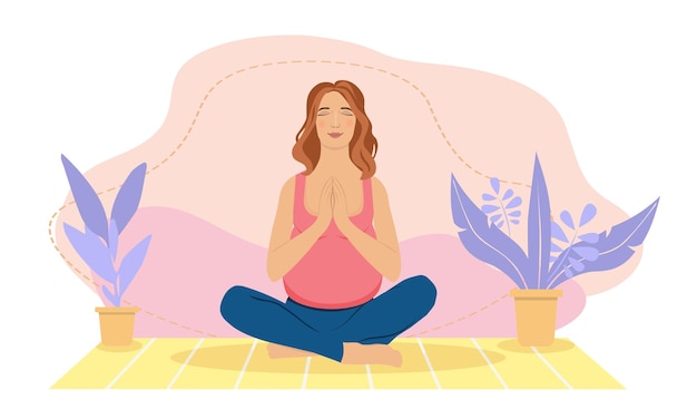 Pregnant woman meditating at home, illustration for prenatal yoga, meditation, relax