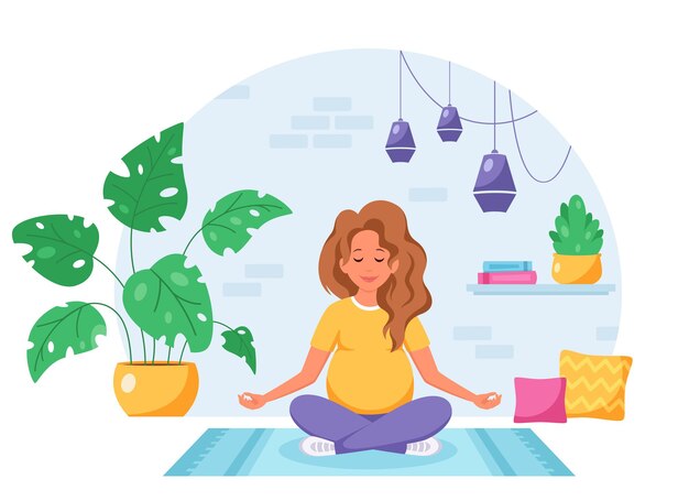 Vector pregnant woman meditating in lotus pose in cozy interior