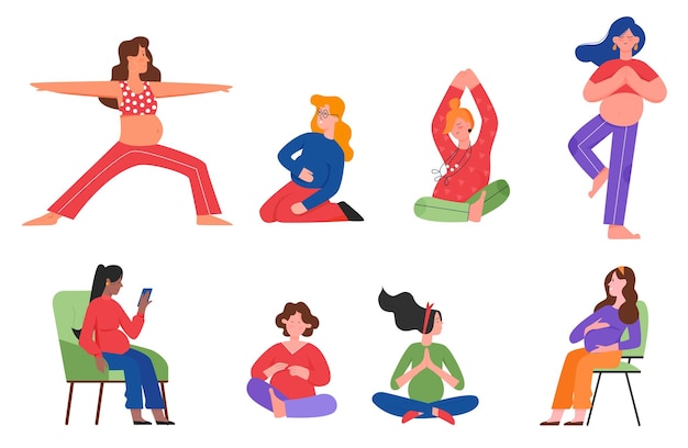 Pregnant woman poses set daily home activities young female character practicing yoga