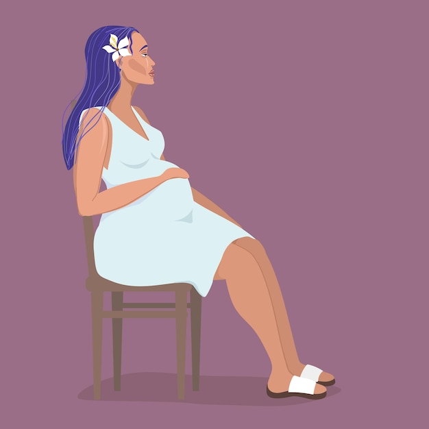 A pregnant woman sits on a chair and holds her belly. Modern illustration