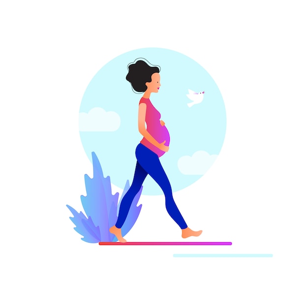 Pregnant woman walking. Active well fitted pregnant female character. Happy pregnancy. Yoga and sport for pregnant. Flat cartoon  illustration