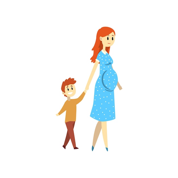 Pregnant woman walking with her son happy family concept cartoon vector Illustration isolated on a white background