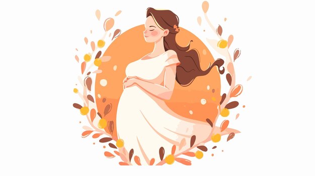 Vector a pregnant woman in a white dress is standing in an orange circle