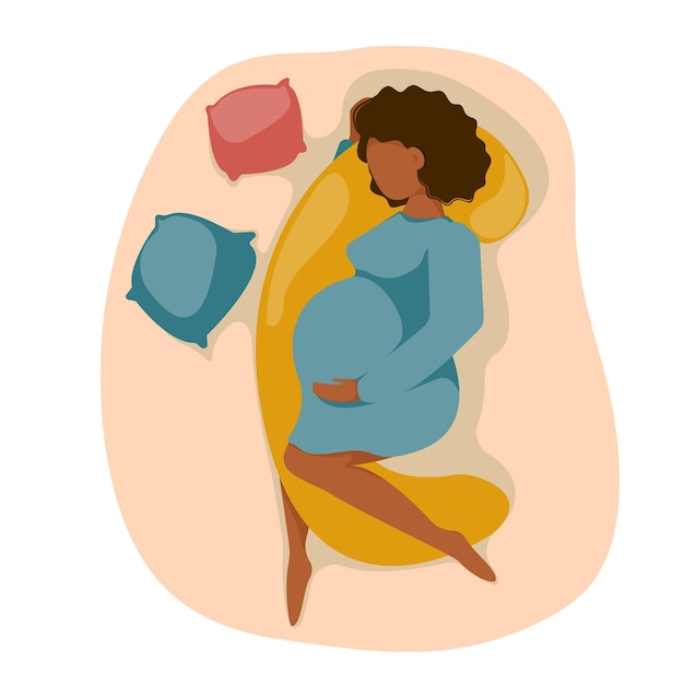 Pregnant woman with big belly sleeps on pregnancy pillow Future mother healthy sleep concept