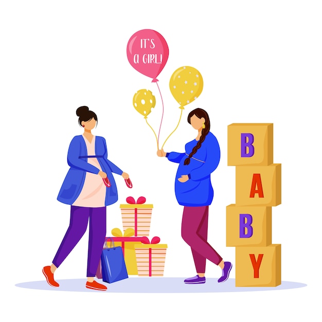 Pregnant women with baby shower gifts flat illustration. Expectant mothers waiting of baby girl. Ladies preparing to maternity isolated cartoon characters on white background