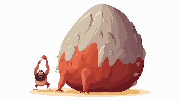 Vector prehistoric caveman holding bludgeon near dinosaur egg in flat vector isometric style