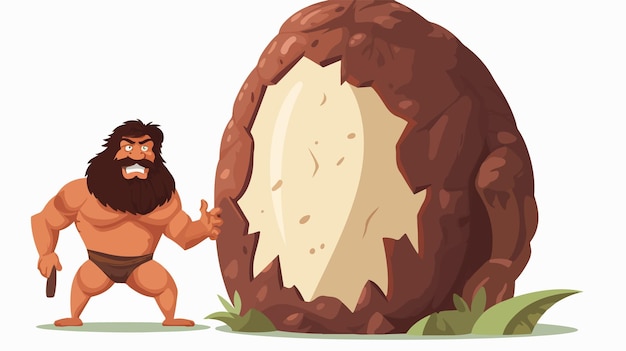 Vector prehistoric caveman holding bludgeon near dinosaur egg in flat vector isometric style