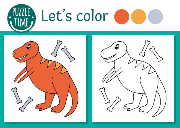 Prehistoric coloring page for children Cute funny scene with tyrannosaurus rex Vector Jurassic period outline illustration Dino color book for kids with colored examplexA