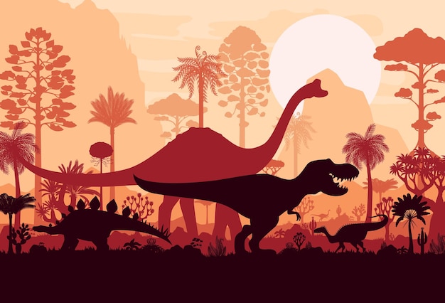 Vector prehistoric dino silhouettes in tropical jungles