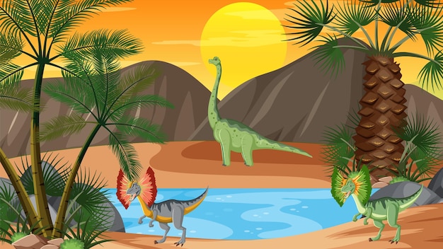 Prehistoric forest background with dinosaur cartoon