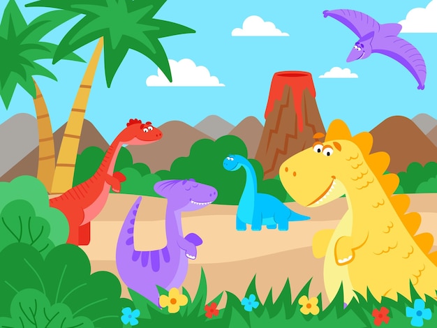 Prehistoric landscape Cartoon dinosaur nature walk jurassic cute monsters Baby dino animals in jungle and active volcano decent vector scene