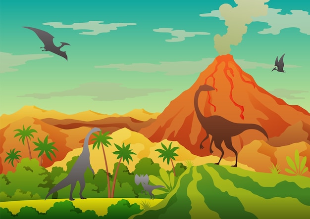 Prehistoric landscape - volcano with smoke, mountains, dinosaurs and green vegetation.  of beautiful prehistoric landscape and dinosaurs.