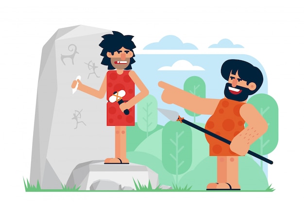 Prehistoric man with spear laughing and pointing at annoyed artist carving petroglyphs on rock. Scoff at intelligent individuals cartoon flat illustration.