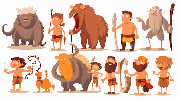 Vector prehistoric people ancient family characters in caveman setting