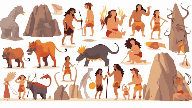 Vector prehistoric people ancient family characters in caveman setting