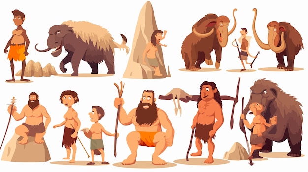 Vector prehistoric people ancient family characters in caveman setting