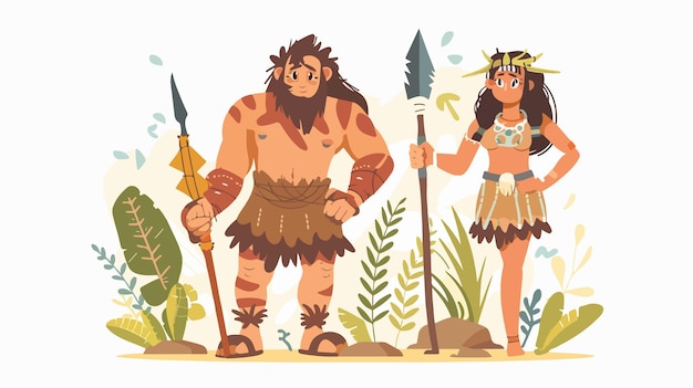 Vector prehistoric people concept man and woman in animal skin clothing