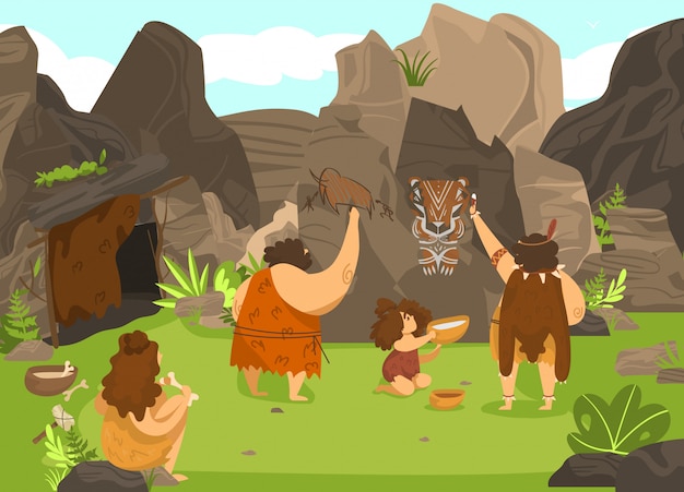 Vector prehistoric people drawing on rock, stone age cavemen and cute child in primitive tribe,  illustration