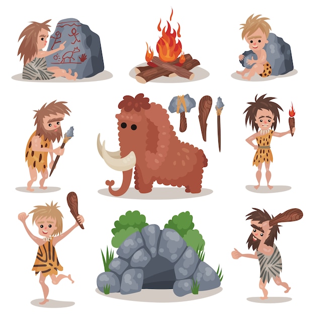 Vector prehistoric stone age set, primitive people, stone age weapon and tools   illustrations