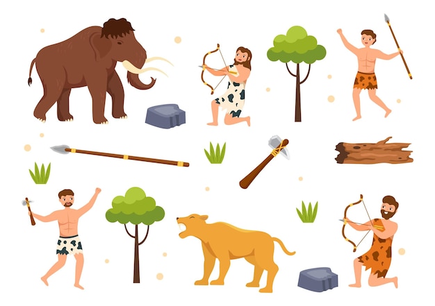 Prehistoric Stone Age Tribes Hunting Large Animals with Weapon in Flat Cartoon Illustration