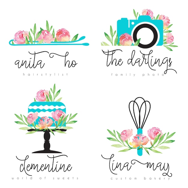 premade floral logo with photo camera cake bakery tool