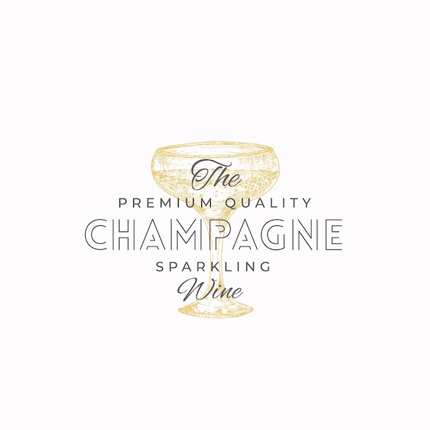 Premium Champagne Abstract Vector Sign Symbol or Logo Template Hand Drawn Sparkling Wine Glass Sketch with Typography Elegant Beverage Emblem